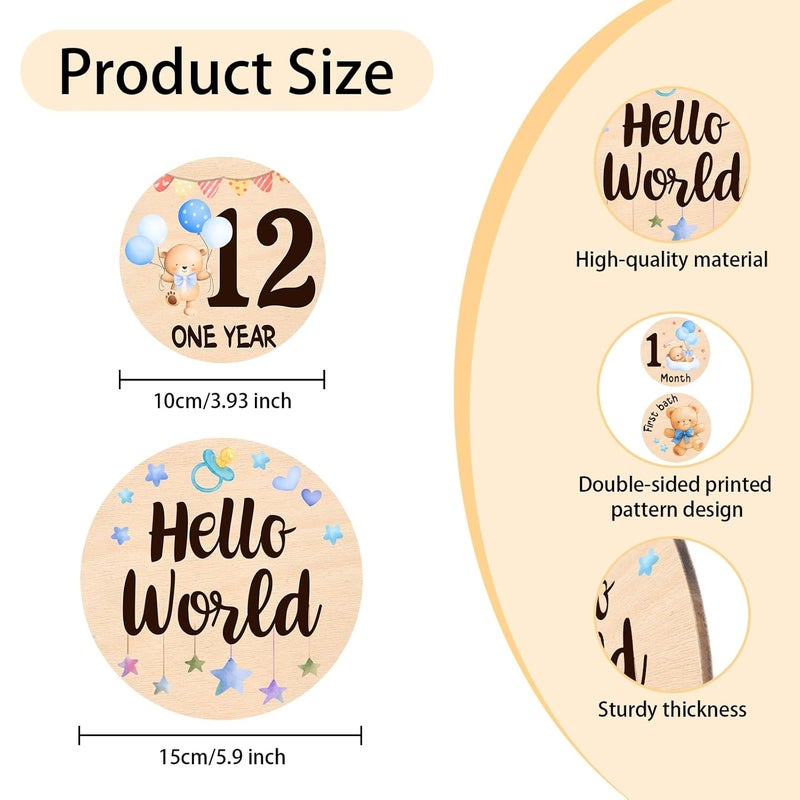 MCIAONE Baby Monthly Milestone Cards - 13 Double-Sided Wooden Milestone Signs Discs with Bear & Star Designs, Little Bears Birth Announcement Cards for Photo Props(0-12 Months), Newborn Sign Baby Shower/Gift - Image 3